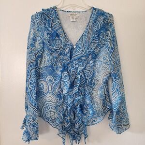 Coldwater Creek Blue Paisley Ruffled V Neck Blouse PXS Long Sleeve Flowy Top